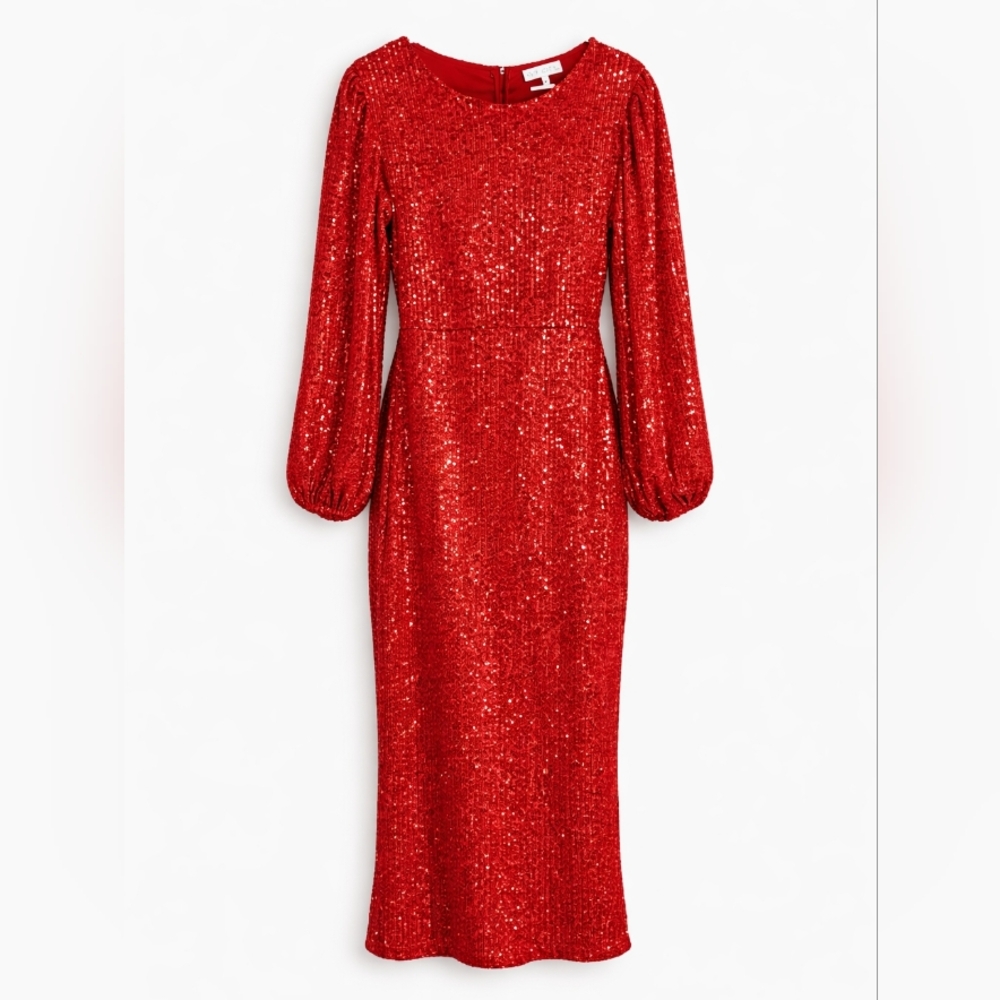 Ivy City Co Red Sequin Midi Dress Size M Long Sleeve Holiday Party
